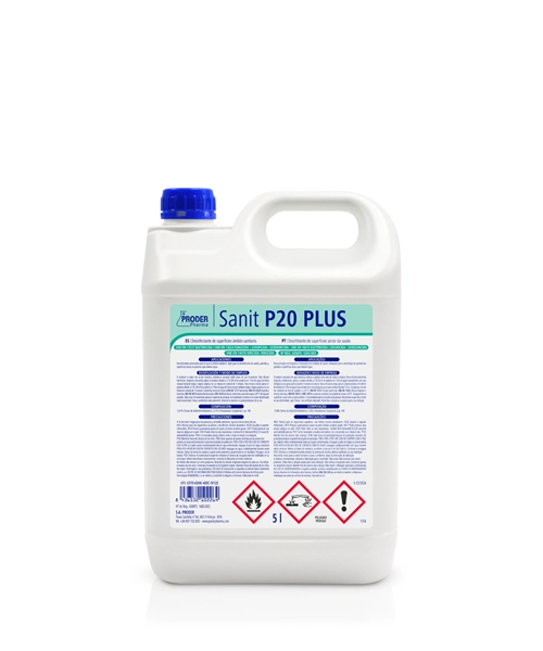 Sanit P20 PLUS es un desinfectante de alto nivel para la desinfección de superficies en el ámbito sanitario. Producto con eficacia bactericida, fungicida, levuricida y viricida.