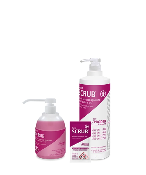 Sanit SCRUB es una solución cutánea con digluconato de clorhexidina.